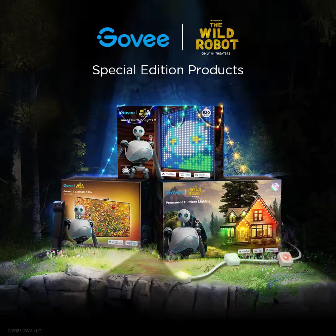 GoveeOfficial's tweet photo. Govee partners with @DreamWorks’ "The Wild Robot" to celebrate the bridge between nature and technology in a whole new world of light and color. Join robot Roz's epic adventure and experience deep color effects and a rich lighting journey. Enter for a chance to win tickets to see "The Wild Robot" now in theaters everywhere, exclusive "The Wild Robot" prize packages, and Govee special edition products! #TheWildRobotMovie

How to Enter?
Govee Giveaway starts on September 27th, 2024 at 11:00 AM EST and ends on October 7th at 11:59 PM EST, open to residents of the United States, Canada, and Germany. Winners will be selected from four platforms: X, Instagram, Facebook, and TikTok. The list of winners will be announced on October 10th at 11:00 AM EST. The full terms and conditions are available using the link in our bio. 
• Like and comment your country on this post and follow us.
• Retweets will be counted as one (1) extra entry.
• Ends on October 7th at 11:59 PM EST.

Grand Prize (5 Winners)
2 Movie Tickets* for ''The Wild Robot''
+
1x Govee Curtain Lights
1x Govee TV Backlight
1x Govee Permanent Outdoor Lights
("The Wild Robot" Special Edition products)
+
1x "The Wild Robot" Prize Package
(Includes a mug, journal, pencil, sticker sheet and "The Art of DreamWorks The Wild Robot" )

2nd Prize (10 Winners)
2 Movie Tickets* for ''The Wild Robot''
+
(One of the below only)
1x Govee Curtain Lights
1x Govee TV Backlight
1x Govee Permanent Outdoor Lights
("The Wild Robot" Special Edition products)

3rd Prize (20 Winners)
2 Movie Tickets* for ''The Wild Robot''

See "The Wild Robot" out now in Theaters!