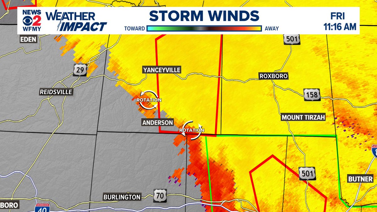 NEW: Tornado warning in Caswell county with multiple areas of rotation. Get to your safe spot! After this line moves through, conditions will improve. #ncwx
