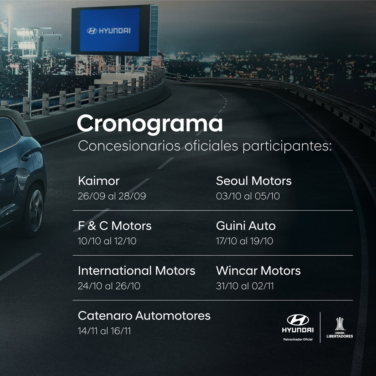 A la Libertadores con Hyundai!⚽🚗

Vení al Test Drive a probar la Nueva Tucson y la Nueva Creta en los concesionarios adheridos y participá por la chance de ganar entradas para ver la final de la CONMEBOL Libertadores.

#HyundaiARGENTINA #LibertadoresCONMEBOL #GloriaEterna