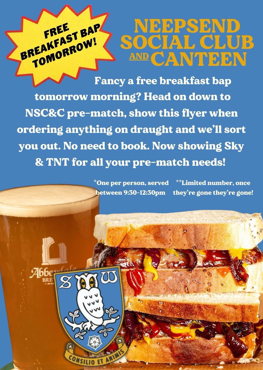 Old enough for a pint? Then you’re old enough for a free butty 🥪

#KeepSheffSocial #Sheffield #SheffieldIsSuper #swfc