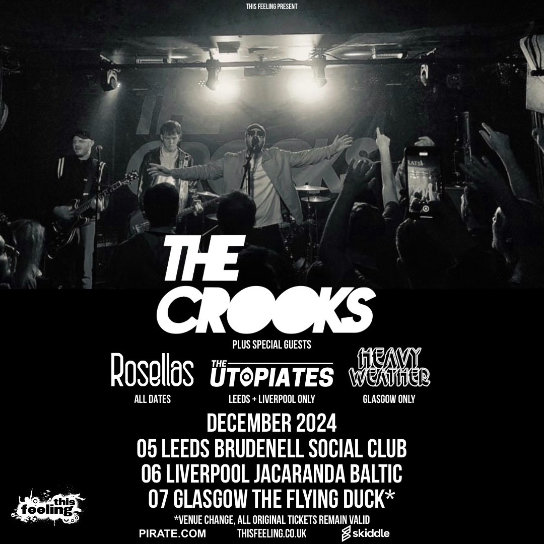 Pleased to announce we’ll be joining the <a href="/RosellasBand/">Rosellas</a> in support of <a href="/TheCrooksUK/">The Crooks</a> on their Winter tour this December. 

-5th December - Leeds, Brudenell
-6th December - Liverpool, Jacaranda 

Some line-up that 👊

Ticket below, snap them up cos it’s looking like a sell out for