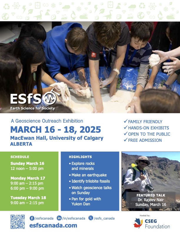ESfS_Canada's tweet photo. The 12th Earth Science for Society (ESfS) Geoscience Outreach Exhibition is March 16-18 @UCalgary 

Explore rocks &amp; minerals.
Make an earthquake!
Identify trilobite fossils.
Pan for gold with Yukon Dan.

#ESfS2025 
open to the public, free.
family-friendly with hands-on exhibits. https://t.co/igvbmsiVcT
