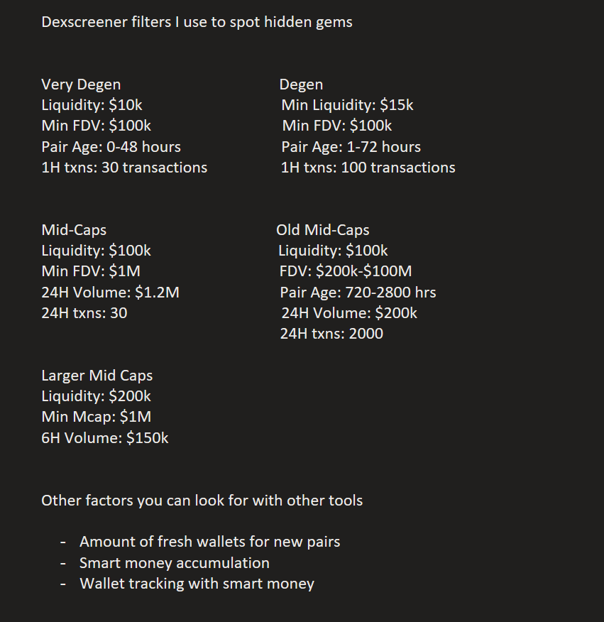 DeFiMinty's tweet image. Dexscreener Filters I use to find Hidden Gems