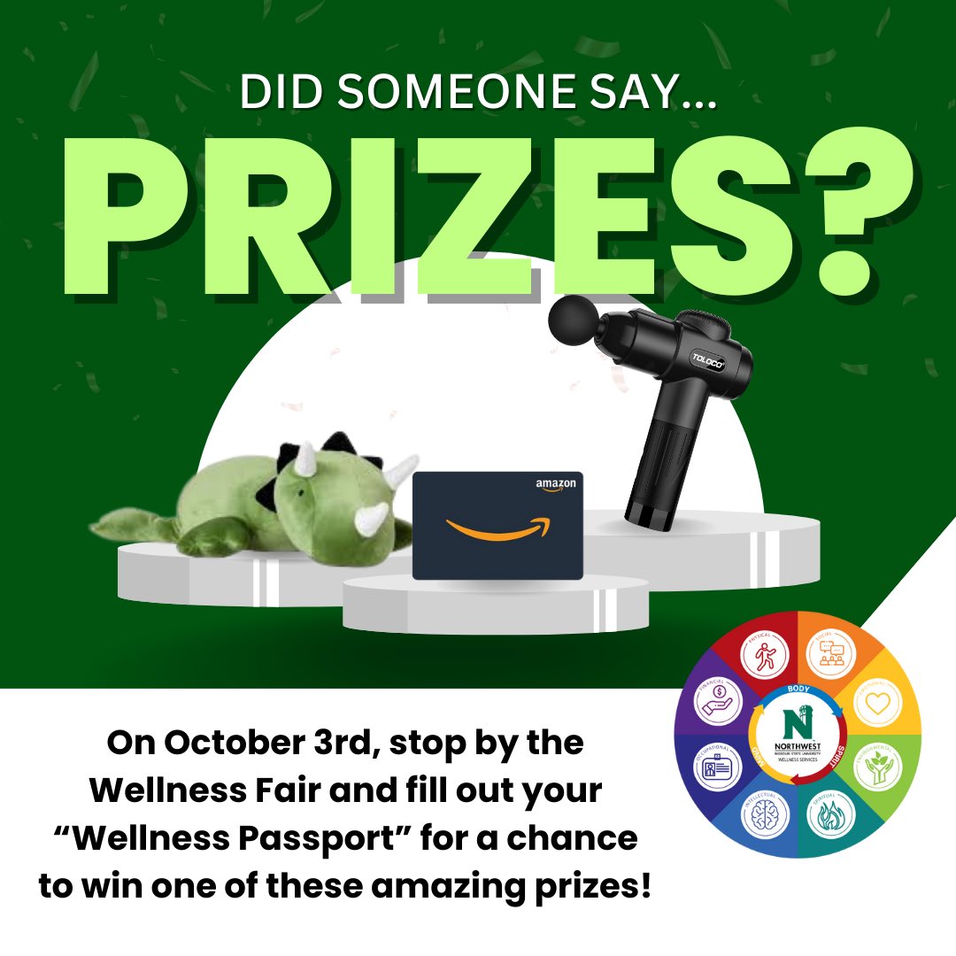 NW_Wellness's tweet photo. Stop by the Wellness Fair on October 3rd from 12-2 PM in the Student Union Ballroom to enter to win one of EIGHT prizes!
To win, fill out your “Wellness Passport” at the event and drop your paper into the bowl for the prize of your choosing.
Can’t wait to see you there, bearcats! https://t.co/uvmHhjuba3