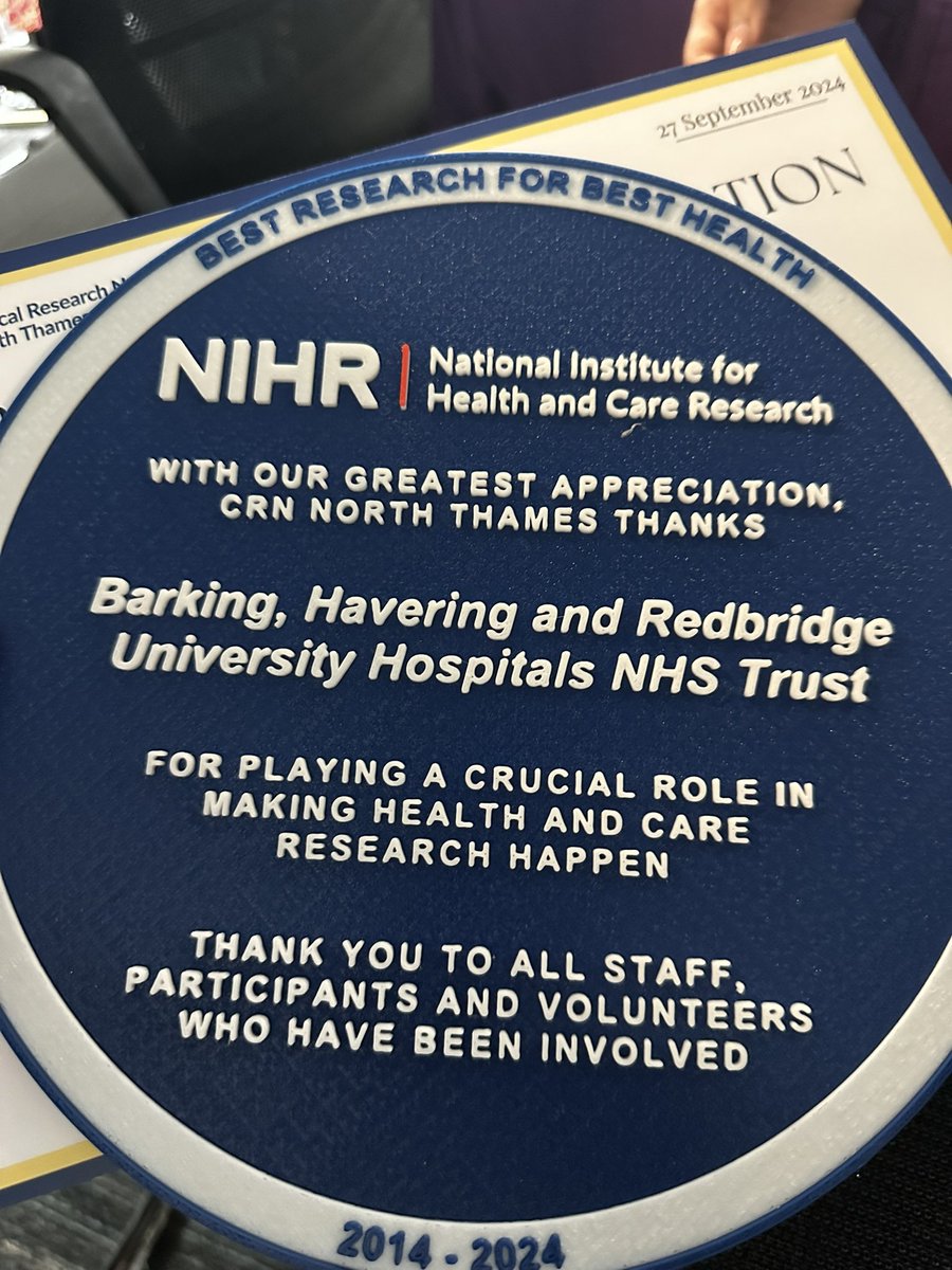 HarryDJ_'s tweet photo. Thank you and congratulations to all of our delivery partners but special mention to my SPOC Trust - @BHRUT_Research received by @mkphull 

Special thanks also to @louisehead18 @dunne21_karen and Heidi!

#CRNNTturns10 @NIHRCRN_nthames https://t.co/DAew8Atzbg