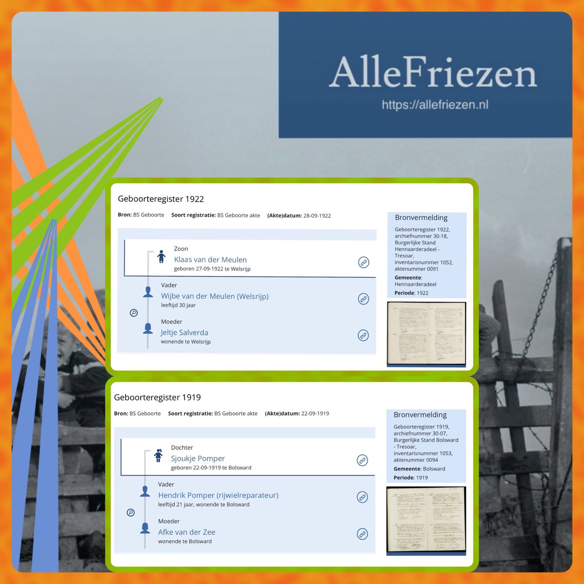 Op 22 september 1919 werd te Bolsward geboren Sjoukje Pomper, dochter van Hendrik Pomper (rijwielreparateur) en Afke van der Zee.
Deze week toegevoegd de geboorten Bolsward 1919 en  Hennaarderadeel 1922.
#stamboomonderzoek #genealogie #sudwestfryslan