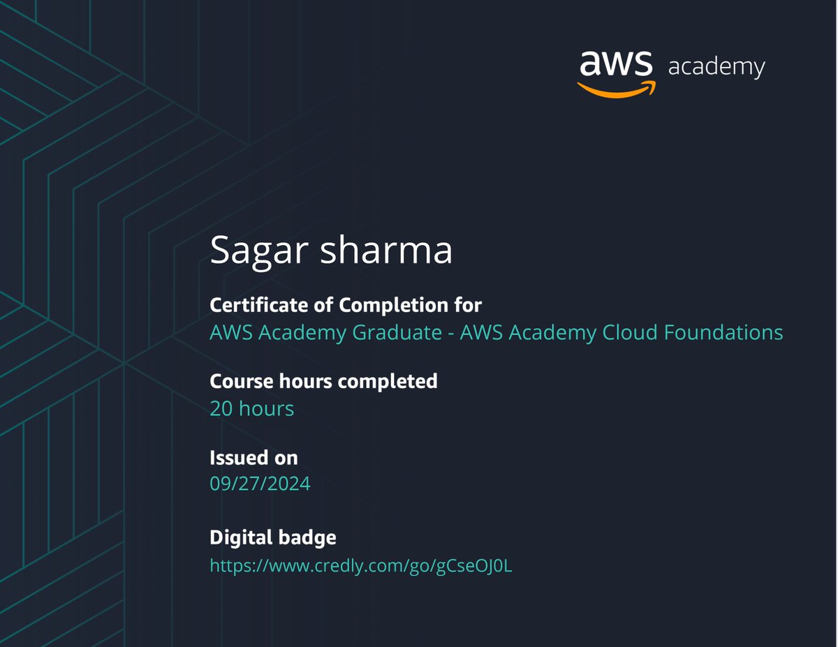 Sagarsharm40329's tweet image. Excited to announce that I have earned the AWS Academy Cloud Foundations badge from @AWSAcademy! This comprehensive program has equipped me with the skills and knowledge to excel in the world of cloud computing. #AWSAcademy #CloudFoundations #AWSCertified