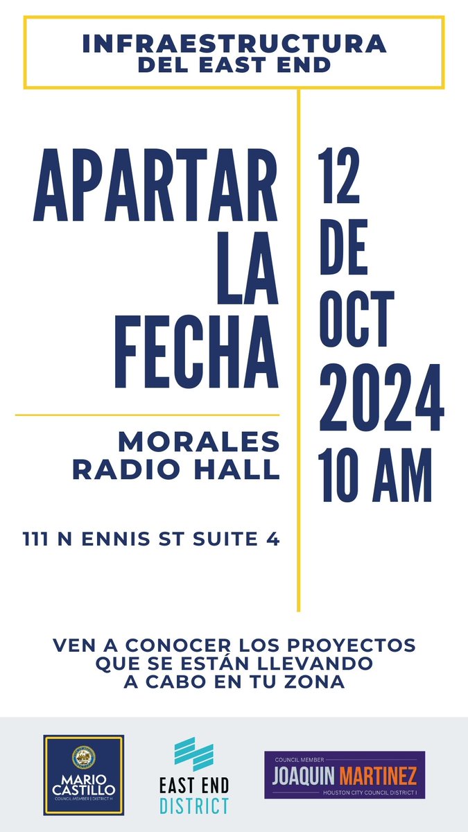 EastEndDistrict's tweet photo. Residentes de East End, nuestra reunión de infraestructura del 12 de octubre se llevará a cabo en Morales Radio Hall (111 N Ennis St, Suite 4) de 10 a.m. a 12 p.m. Conozca a líderes comunitarios, conozca los proyectos en curso y ayude a dar forma al futuro de nuestro vecindario. https://t.co/0ibAl6T9VD