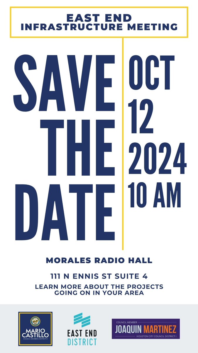 Residentes de East End, nuestra reunión de infraestructura del 12 de octubre se llevará a cabo en Morales Radio Hall (111 N Ennis St, Suite 4) de 10 a.m. a 12 p.m. Conozca a líderes comunitarios, conozca los proyectos en curso y ayude a dar forma al futuro de nuestro vecindario.