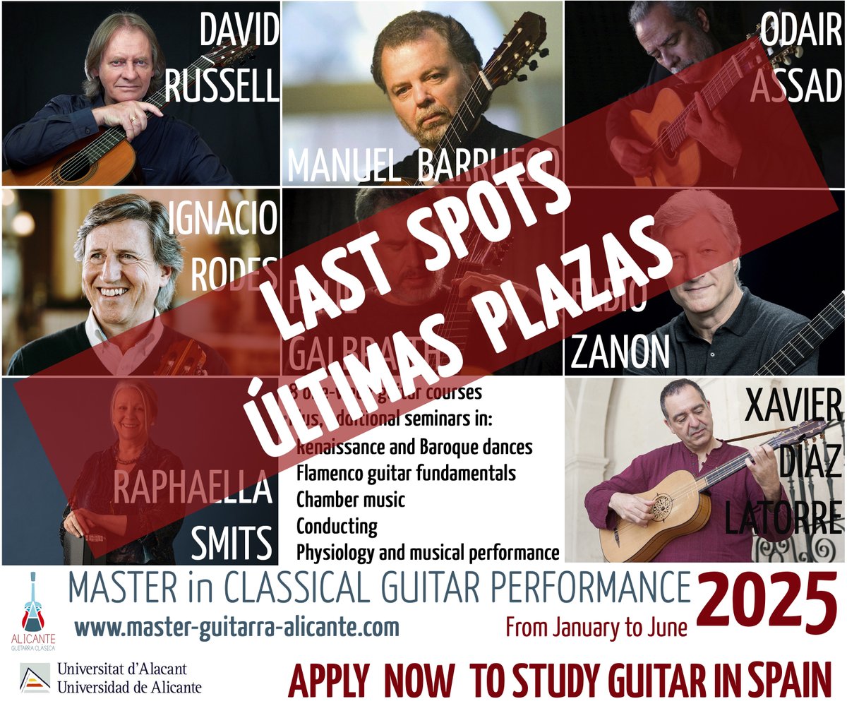 LAST SPOTS / ÚLTIMAS PLAZAS
Apply now and study guitar in Alicante.
master-guitarra-alicante.com/es/home/