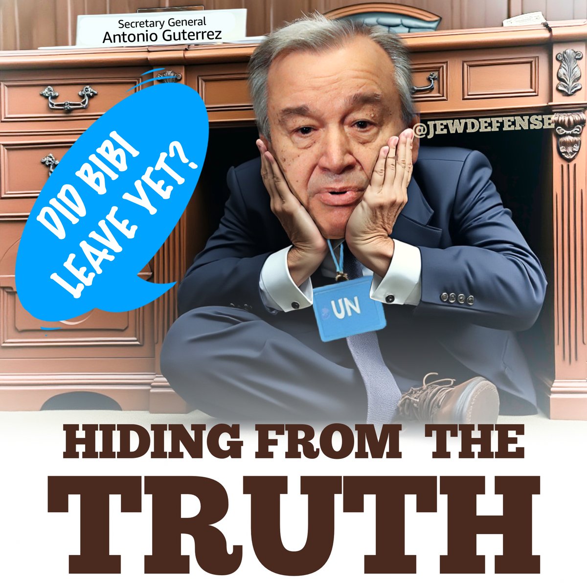 JewDefense's tweet photo. The archangel of @UN's hypocrisy, Secretary General @AntonioGuterres boycotted Israeli PM @netanyahu's speech today – just after meeting with Iran's President.  

Guterrez ignores Hezbollah's rocket onslaught &amp; disregard for UN law. Today proves its a blindness of his choosing. https://t.co/oZxOBq0yQ8