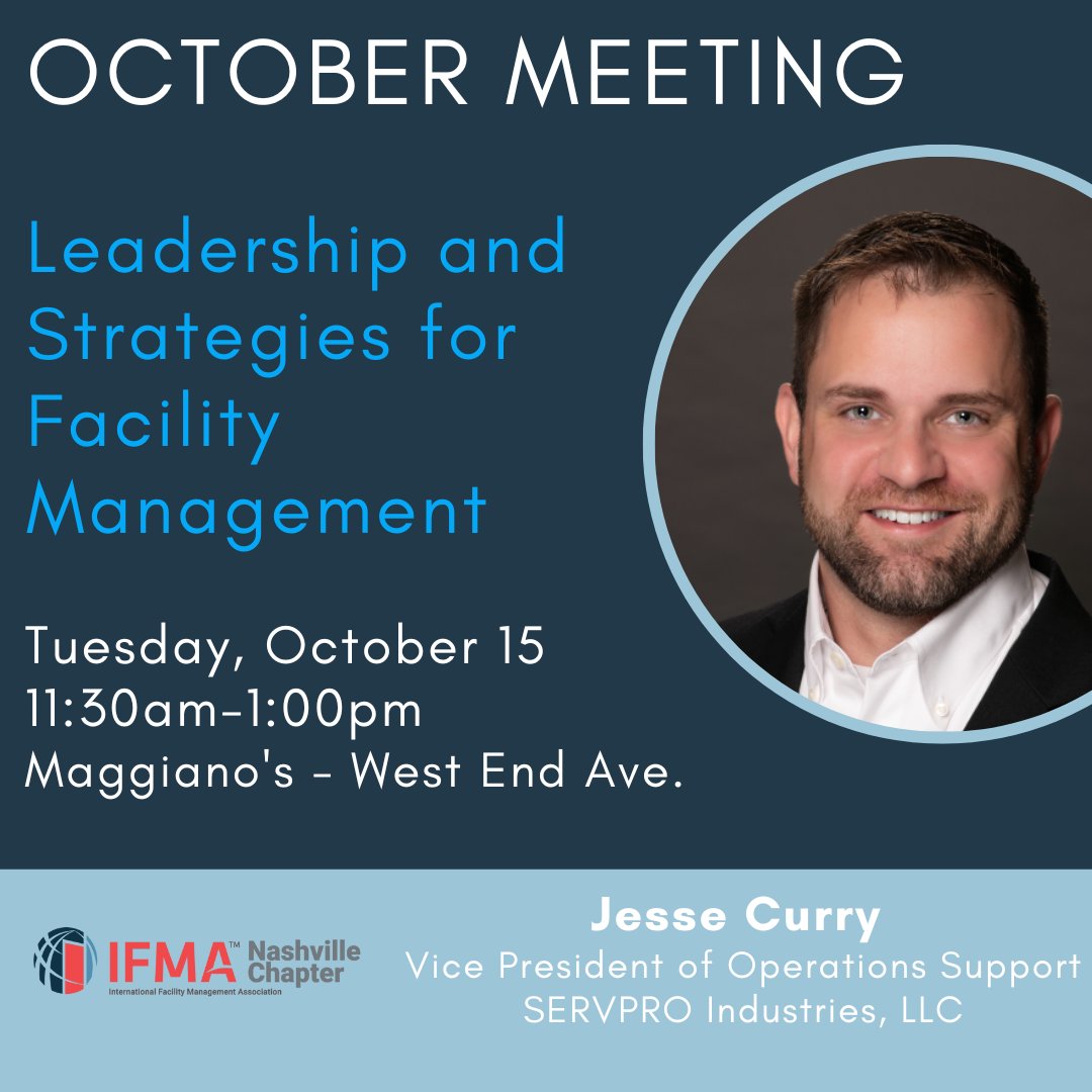 Register now for our October Program - Leadership and Strategies for Facility Management on October 15. We will be drawing for 5 free memberships at this meeting.  BRING all potential Professional Members!

See you there!

RSVP: IFMANashville.org