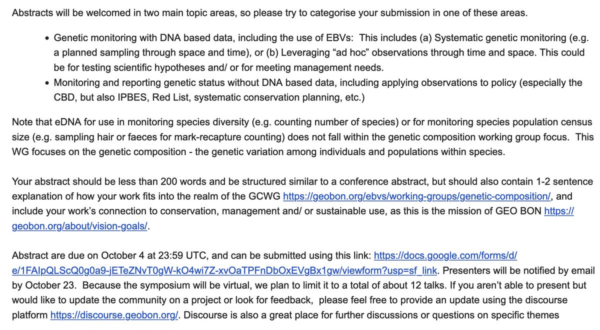 seanmhoban's tweet image. Call for abstracts for @GEOBON_org Genetic Composition virtual symposium (two sessions fitting different time zones) for Nov 12 &amp;amp;13.  Submit abstract here by Oct! docs.google.com/forms/d/e/1FAI… Please RT @CoalitionConGen @gbike_cost @congenetics @GeneticsGSA @sse_evolution