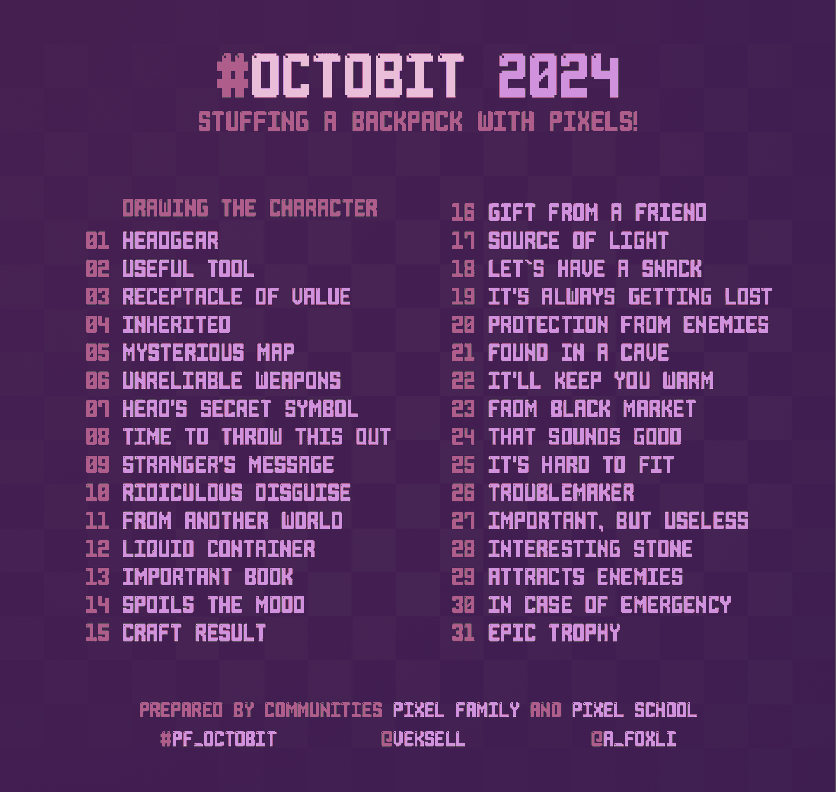 Veksell's tweet photo. It's time for #octobit!
Read the rules, grab the template from comments and start planning! You can change anything except the cell size. Don't forget to use hashtag #PF_octobit https://t.co/143YjtfJ4Z