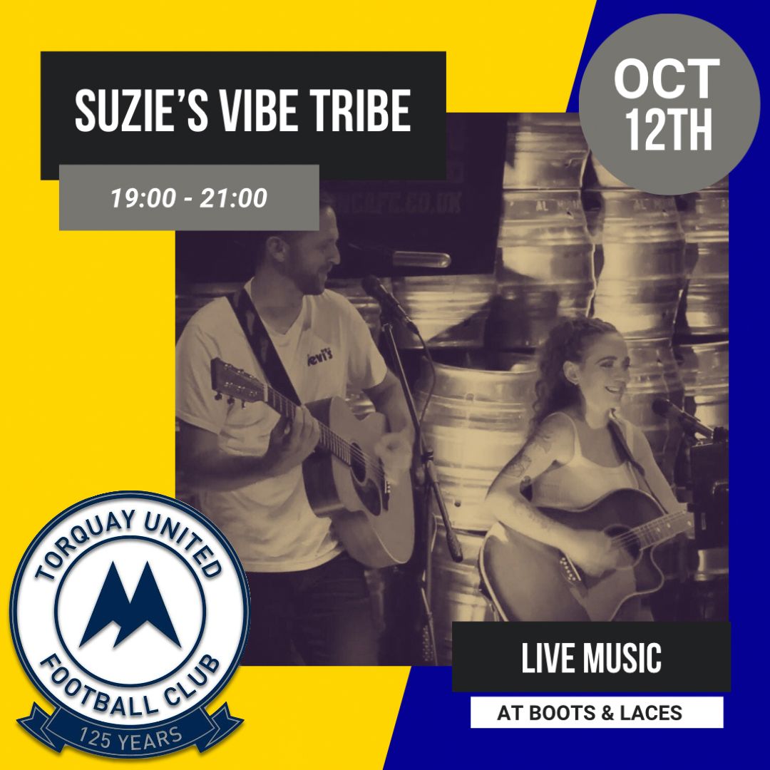 🎶 MORE live music coming to Plainmoor!

Catch Suzie's Vibe Tribe between 7pm-9pm on Boots &amp; Laces on Saturday October 12th!

#tufc