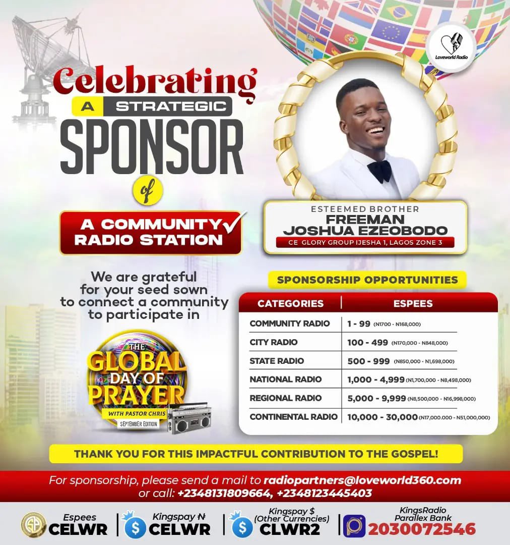 TMfirstflight's tweet photo. CELEBRATING A STRATEGIC SPONSOR OF A COMMUNITY RADIO STATION!

We are grateful for your seed sown to connect a Community to participate in the September edition of the Global Day of Prayer with our Man of God Pastor Chris.

God Bless You Abundantly 
#gdoponradio
#teamfirstflight https://t.co/SaU8whnXQj