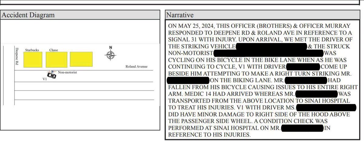 jedweeks's tweet photo. I have received the results of my Public Information Act request on this crash. 

On May 25th at approximately 6:00pm, a driver failed to lawfully yield to a bicyclist riding in the Roland Ave bike lane, turning into the bike lane and knocking the bicyclist off of their bicycle. https://t.co/PnfAJdQ5vy