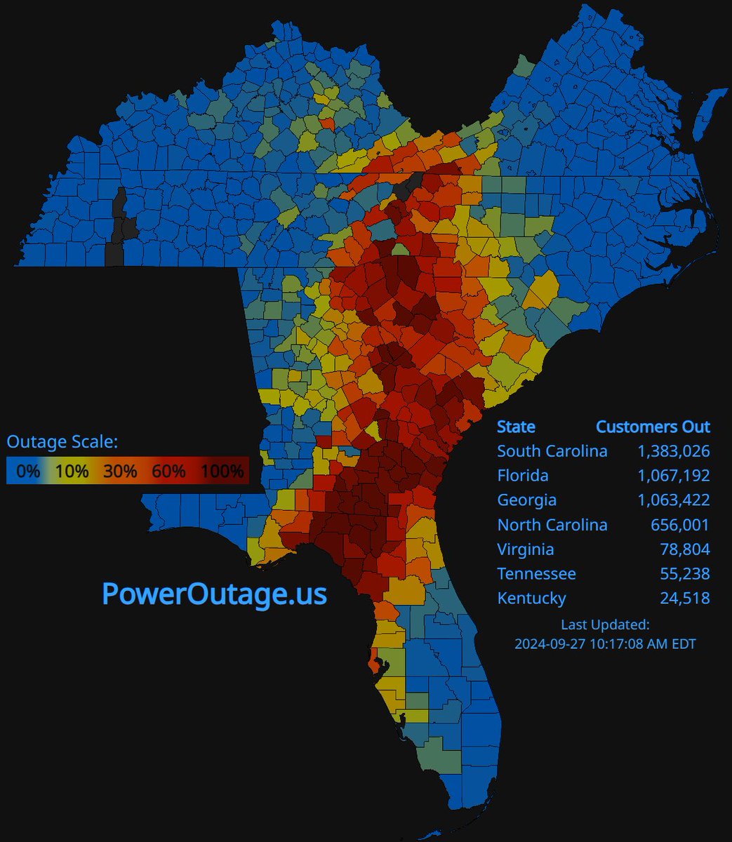 Our ML-based model did really well in predicting power outage risk of #HurricakeHelene. The model predoction vs. Current power outages in FL and GA.