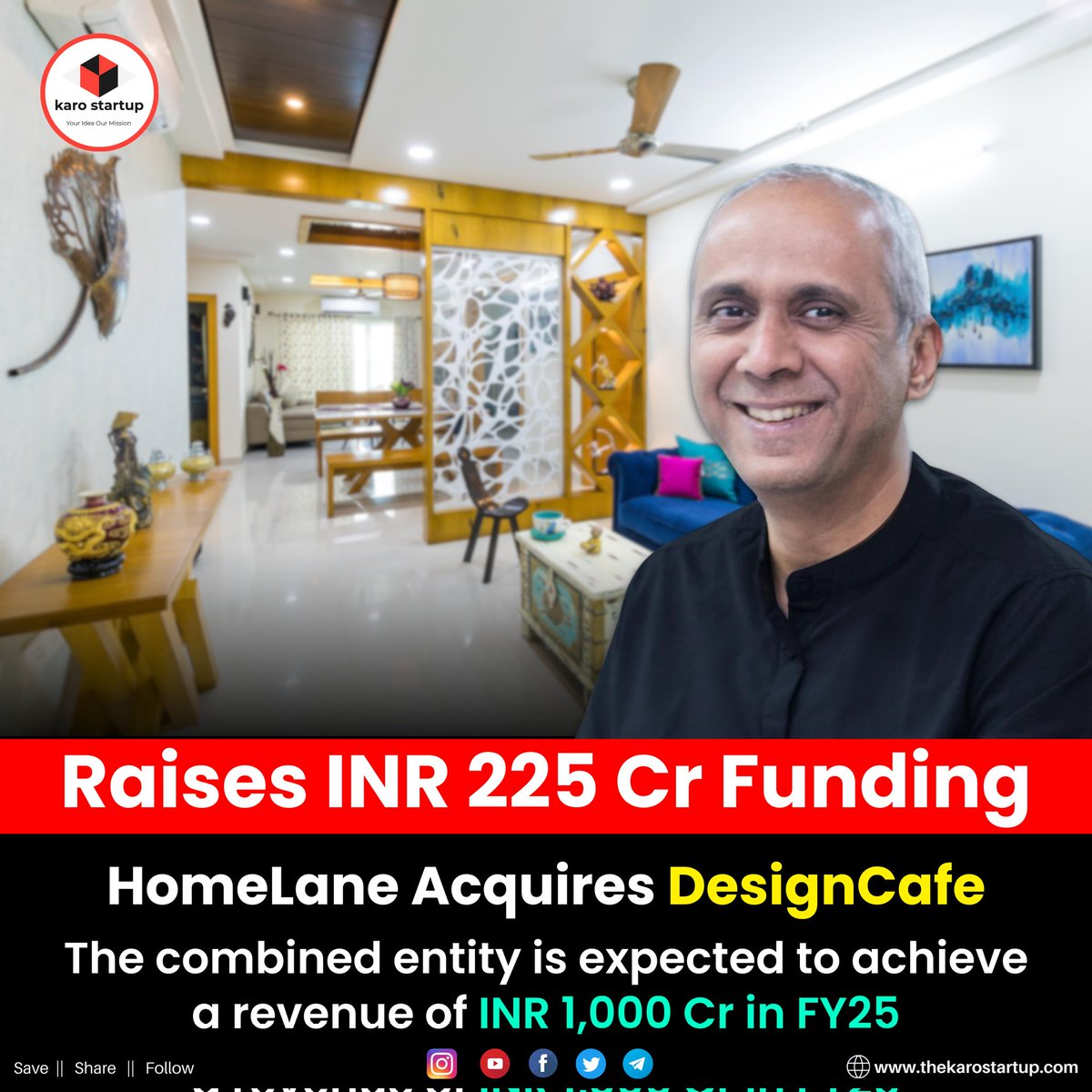 karo_startup's tweet photo. HomeLane's parent Homevista acquires DesignCafe in share-swap deal, creating India's leading home interior solutions player. Combined entity targets ₹1,000 cr revenue in FY25 (33% YoY growth) and EBITDA profitability, solidifying its market leadership.

#Garime #Bitcoin https://t.co/zlqjrumSYO