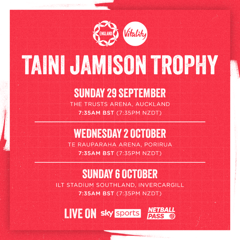 England Netball (@englandnetball) on Twitter photo Taking on the world number two ⚔️
🖥️ Watch every game between the Vitality Roses and <a href="/SilverFernsNZ/">Silver Ferns</a> live on <a href="/SkySports/">Sky Sports</a> YouTube (UK) and NetballPass (international)!
The Taini Jamison Trophy begins on Sunday 29 September ⬇️ Taking on the world number two ⚔️
🖥️ Watch every game between the Vitality Roses and <a href="/SilverFernsNZ/">Silver Ferns</a> live on <a href="/SkySports/">Sky Sports</a> YouTube (UK) and NetballPass (international)!
The Taini Jamison Trophy begins on Sunday 29 September ⬇️