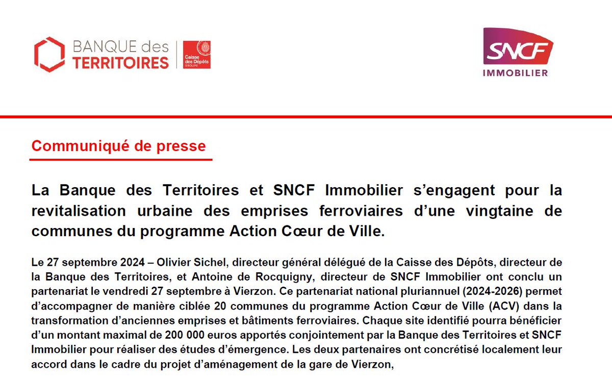 Caisse des Dépôts - Presse (@cdc_presse) on Twitter photo <a href="/BanqueDesTerr/">Banque des Territoires</a> et <a href="/SNCFimmobilier/">SNCF Immobilier</a> s’engagent pour la revitalisation urbaine des emprises ferroviaires d’une vingtaine de communes du programme Action Cœur de Ville.
Le communiqué➡️urlr.me/8ZKyM <a href="/BanqueDesTerr/">Banque des Territoires</a> et <a href="/SNCFimmobilier/">SNCF Immobilier</a> s’engagent pour la revitalisation urbaine des emprises ferroviaires d’une vingtaine de communes du programme Action Cœur de Ville.
Le communiqué➡️urlr.me/8ZKyM
