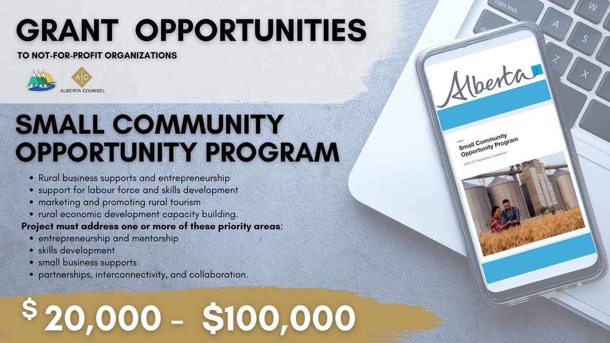 AB Ag Societies (@abagsocieties) on Twitter photo #FUNDINGFRIDAY
The Small Community Opportunity Program is open for applications with a deadline of December 20.
Please contact Klay Dyer (k.dyer@albertacounsel.com) for support in designing a project or completing an application. #FUNDINGFRIDAY
The Small Community Opportunity Program is open for applications with a deadline of December 20.
Please contact Klay Dyer (k.dyer@albertacounsel.com) for support in designing a project or completing an application.