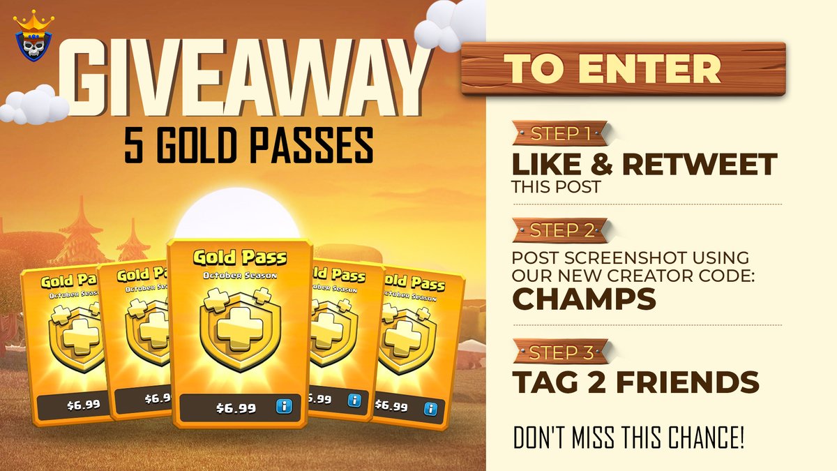 🚨 5x GOLD PASS Giveaway! 🤑

TO ENTER:
⚡ Like &amp; RT this post
⚡ Follow <a href="/ClashChamps/">Clash Champs</a>
⚡ Tag 2 friends

🔥BONUS ENTRY = Post Screenshot Using Code CHAMPS 👉 link.clashofclans.com/en/?action=Sup…

⏰ Ends 4th October