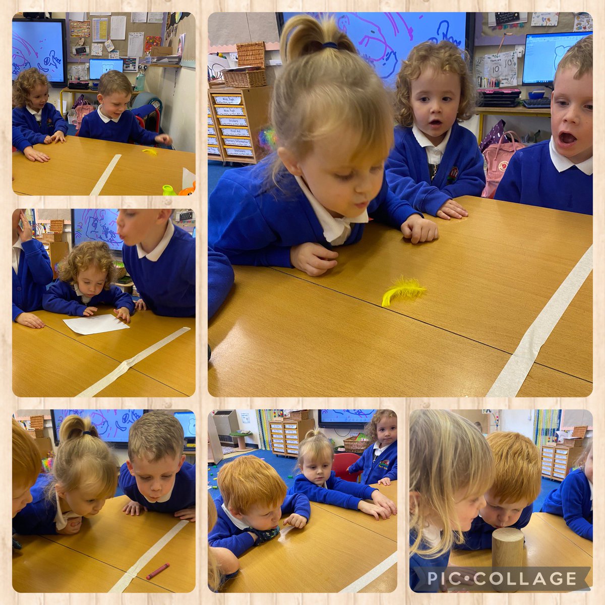 JenkinsMrsRJ's tweet photo. We carried out a ‘huff and puff’ science experiment this week. The children made predictions of what objects they thought they could move over the line with a big huff and a puff and then tested it out.🐺💨 @SychdynSchool https://t.co/AaRleUrtN5