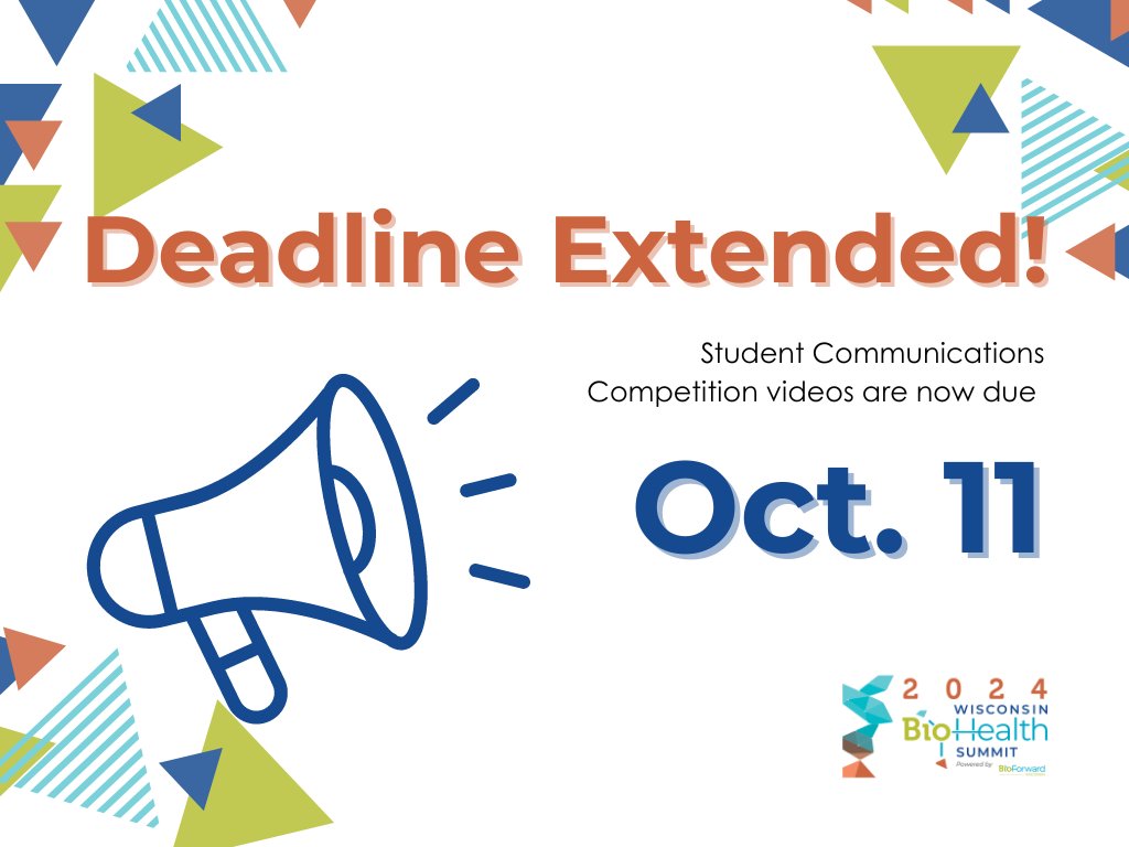 BioForward's tweet image. We've extended our Student Communications Competition to Oct. 11! Undergraduate and graduate students can submit a 3-minute video relating to AI in science and media to present their findings at our Summit and be considered for a CASH PRIZE.

#WIBiohealthSummit24 #ScienceComm #AI