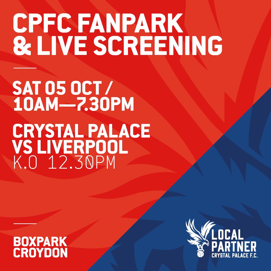 BOXPARK CROYDON (@boxparkcroydon) on Twitter photo We’ll be open from 10AM on Saturday 5th October for a live screening of <a href="/CPFC/">Crystal Palace F.C.</a> v Liverpool ⚽️
Join us for pre match pints & vibes 🍻 We’ll be open from 10AM on Saturday 5th October for a live screening of <a href="/CPFC/">Crystal Palace F.C.</a> v Liverpool ⚽️
Join us for pre match pints & vibes 🍻