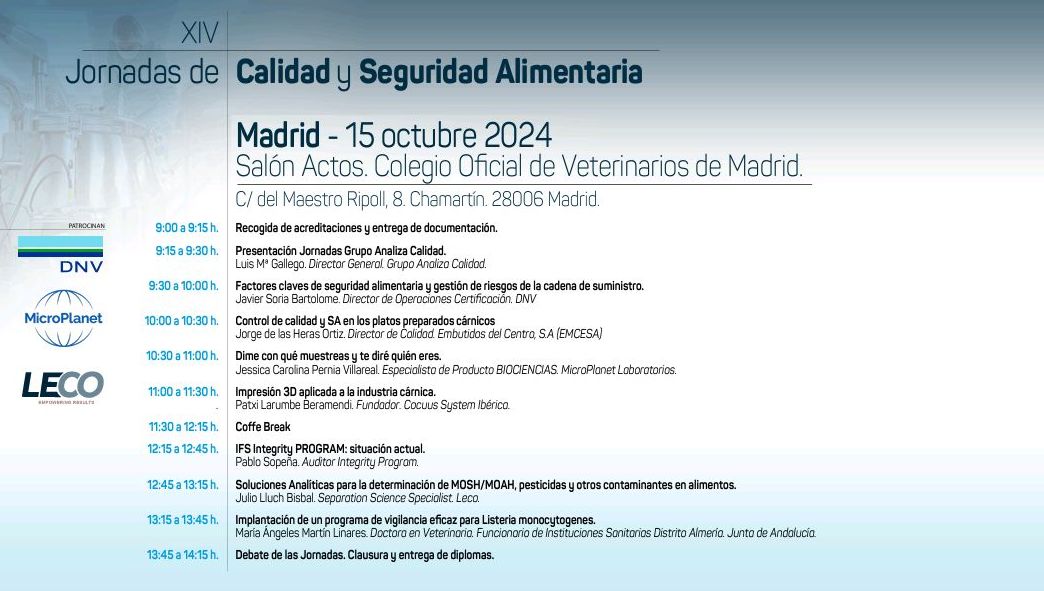 Programa de la segunda Jornada de Calidad y Seguridad Alimentaria. 15 de octubre en Madrid.

No te la puedes perder!
Inscríbete en:
auditarcalidadconsultores.es/programa-previ…
