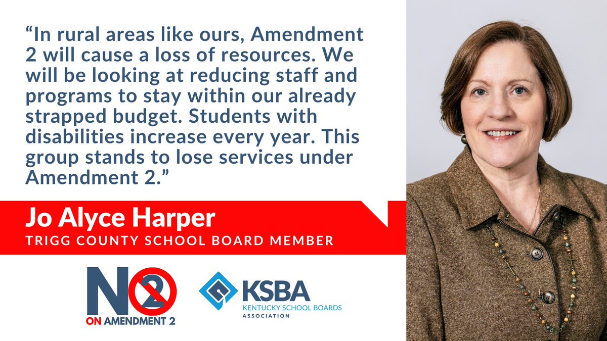 ksbanews's tweet image. In Kentucky, 63% of the state's counties have no certified private schools. Trigg County Schools board member Jo Alyce Harper says Amendment 2 would hurt rural areas with already strapped school district budgets.  
#VoteNoOn2 
#VoteNoOnAmendment2