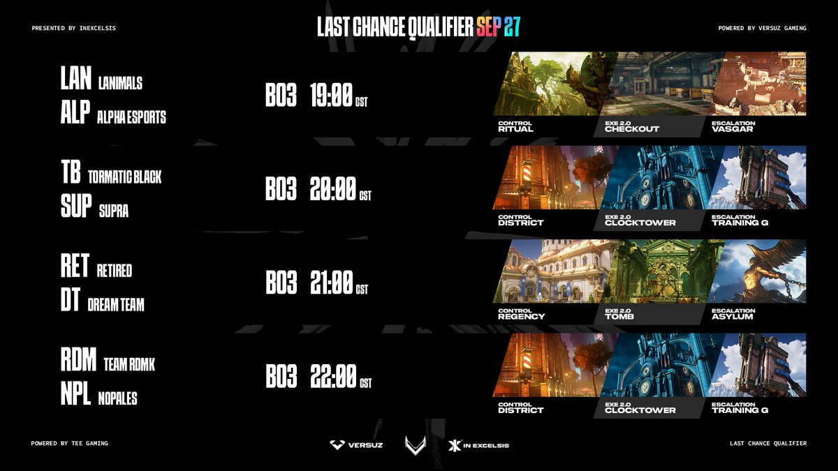 TeeGamingOrg's tweet photo. Last Chance Qualifier para LEGENDS REUNITED MAYHEM
Patrocinadores: @InExcelsisUS y @VersuzGaming
MATCH DAY
@Alpha_gg_ 🆚 #LANimals
19:00 hrs Mex 🇲🇽
#SUPRA 🆚#TORMATICBLACK
20:00 hrs Mex 🇲🇽
#RETIRED 🆚 #DREAMTEAM
21:00 hrs Mex 🇲🇽
@TeamRDMK 🆚 #NOPALES
22:00 hrs Mex 🇲🇽
📺 Transmisión: https://t.co/Y57F3yyZ7u
🗓️ Fecha: 27 Septiembre
⏰Hora: 19:00 Hrs Mex
🆚4v4 | Ciclo competitivo original
🎙📷 Casters:
@Tornado_Mask y @DonBebe25
BOLETOS DISPONIBLES A LA VENTA YA!🎟️
LEGENDS REUNITED CDMX by Tee Gaming
-General
-VIP
https://t.co/dkw7GexVeb
Nos vemos 6 y 7 de Diciembre en Arena The Place To Play Movistar Pedregal
Tee Gaming
LA PIEL DE LOS CAMPEONES
❤️Síguenos: https://t.co/Ck8VNCyfR3
Favor de dar like y compartir ❤️
#laPieldeLosCampeones #TGO #GooTG #Jersey #UniformesEsports #torneo #legendsreunited #gearsofwar #Gears5 #GearsofWarEday #CDMX #TeeLan