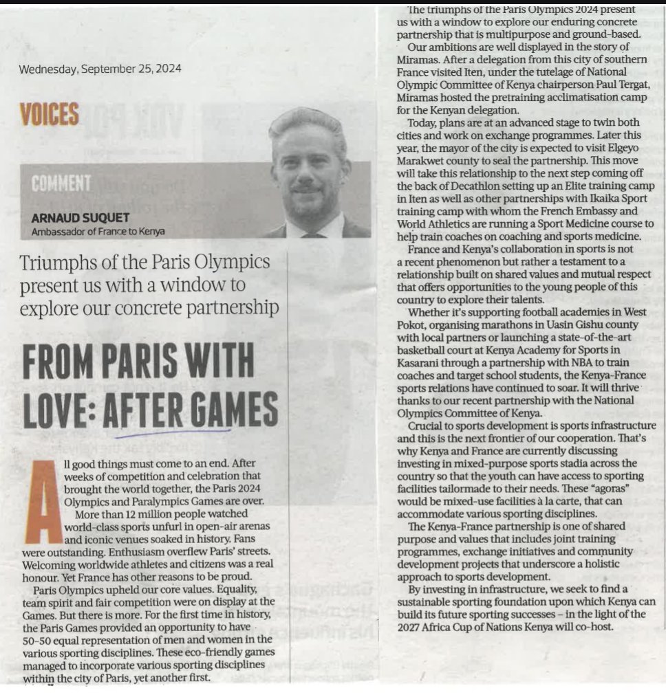 FrenchEmbassyKenya (@franceinkenya) on Twitter photo From Paris with ❤️
The #Paris2024 <a href="/Olympics/">The Olympic Games</a> & <a href="/Paralympics/">Paralympic Games</a> are over but the 🇰🇪🇫🇷partnership on sport is thriving. Based on shared purpose & values, it will offer many opportunities for young Kenyans.
👉 Read balozi's @arnaud_suquetOped in <a href="/TheStarKenya/">TheStarKenya</a>: urlr.me/bR4xB From Paris with ❤️
The #Paris2024 <a href="/Olympics/">The Olympic Games</a> & <a href="/Paralympics/">Paralympic Games</a> are over but the 🇰🇪🇫🇷partnership on sport is thriving. Based on shared purpose & values, it will offer many opportunities for young Kenyans.
👉 Read balozi's @arnaud_suquetOped in <a href="/TheStarKenya/">TheStarKenya</a>: urlr.me/bR4xB