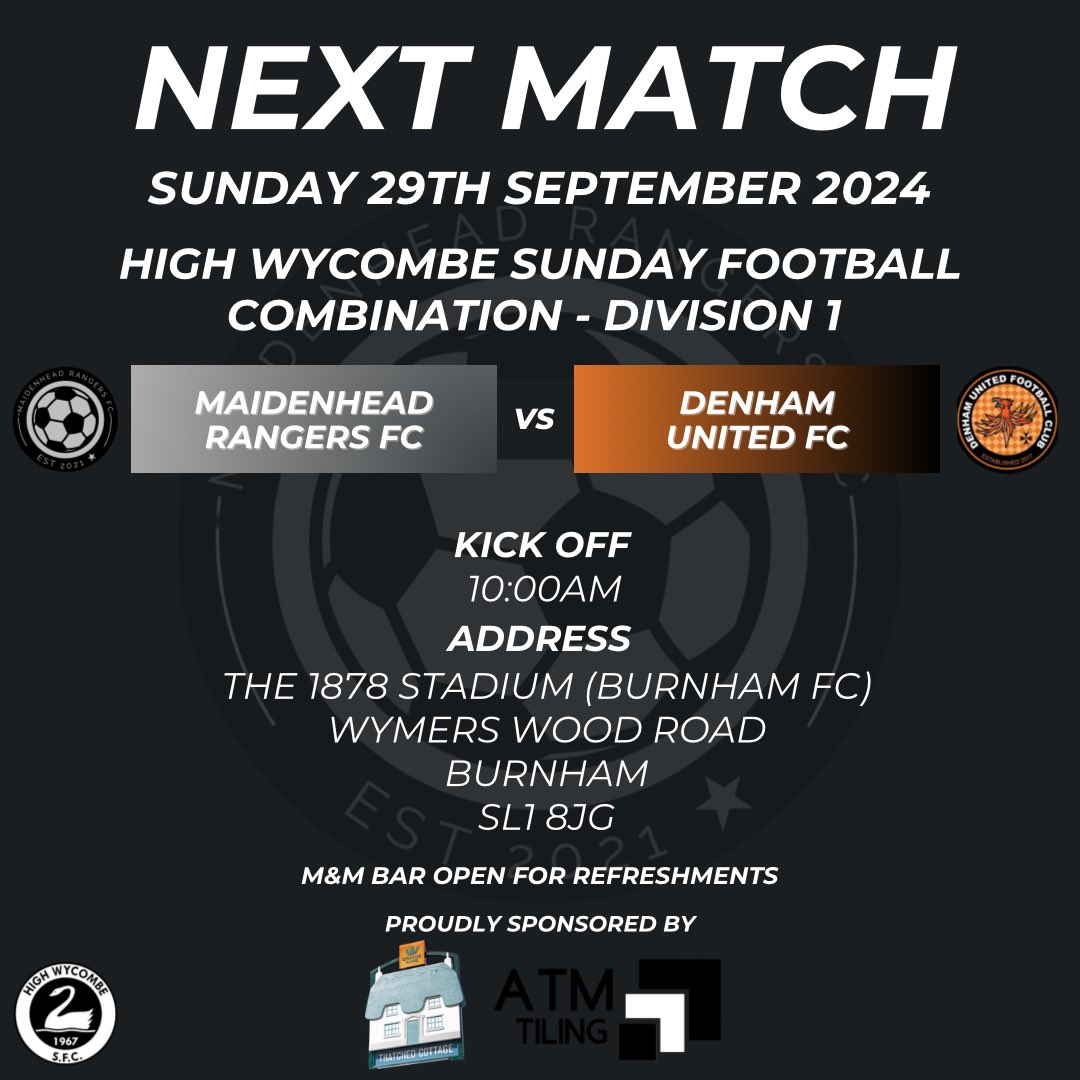 MaidsRangersFC's tweet photo. Back to the league at the carpet against Denham. After a great result last week, the lads will be looking to get all 3 points and continue the form! UTR
🆚 Denham United FC
⏰ Kick Off - 10:30am
🏟️ Burnham FC (SL1 8JG)
Proudly Sponsored By The Thatched Cottage &amp; ATM Tiling. https://t.co/0LjATbHDZX