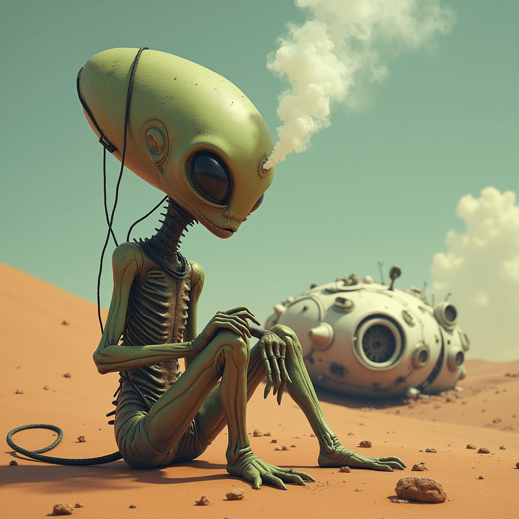 aiBildAgentur's tweet image. 👽 Crash landing in style. The universe is full of surprises! 🚀 #AlienLife #SpaceTravel #SciFi