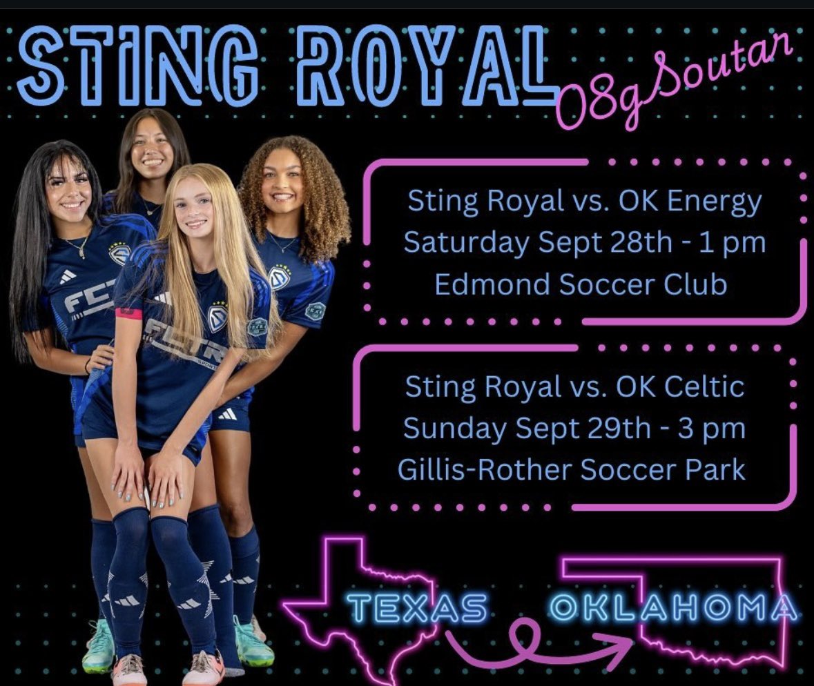 Come out and watch me!! <a href="/Royal08g/">Sting Dallas Royal ECNL-RL 08G</a> @ACU_Soccer@TCUSoccer <a href="/TexasSoccer/">Texas Soccer</a> <a href="/BaylorFutbol/">Baylor Soccer</a> <a href="/AggieSoccer/">Texas A&M Soccer</a>