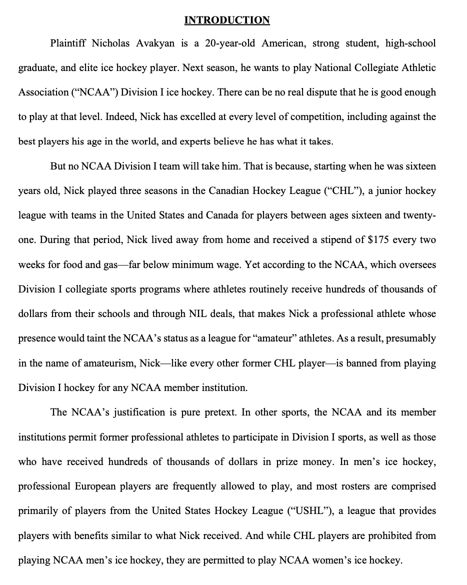 rwesthead's tweet photo. New:  U.S.  junior hockey player Nick Avakyan has been added as a plaintiff to a proposed class-action lawsuit against the NCAA and 10 universities alleging they are violating antitrust laws by preventing anyone who has played a game for a major-junior team from playing NCAA hockey.
Avakyan, 20, plays in the North American Hockey League after playing in parts of three seasons for the WHL’s Tri-City Americans, which cost him his eligibility in the NCAA.
Avakyan and former OHL player Rylan Masterson have argued in a lawsuit filed last month in U.S. District Court that the NCAA and U.S. universities are anticompetitive and violate antitrust laws because of that rule.
Avakyan’s lawyer told me he is asking a judge to grant a preliminary injunction that would allow Avakyan to play NCAA hockey in the 2025-26 season.