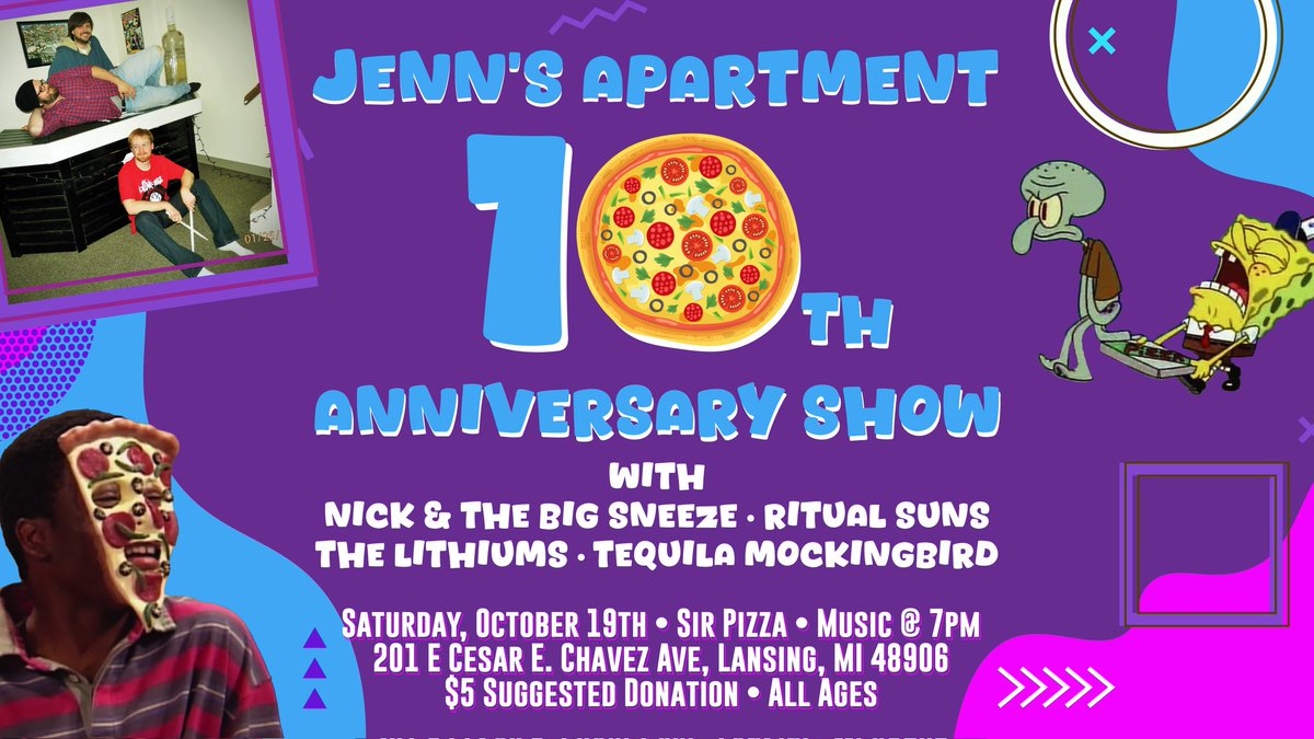 jennsapartment's tweet photo. JENN'S APARTMENT 10TH ANNIVERSARY SHOW ❤️ 

🗓 Saturday, October 19th
📍 Sir Pizza in Old Town, Lansing
🎟️ $5 Suggested Donation
🕖 Music @ 7PM
🧑‍🦰 All Ages Welcome

@TequilaMock_mi 
@RitualSuns
@kissrulesudrool
The Lithiums

Flyer by @jaymakattack https://t.co/HS3C5DhiAx