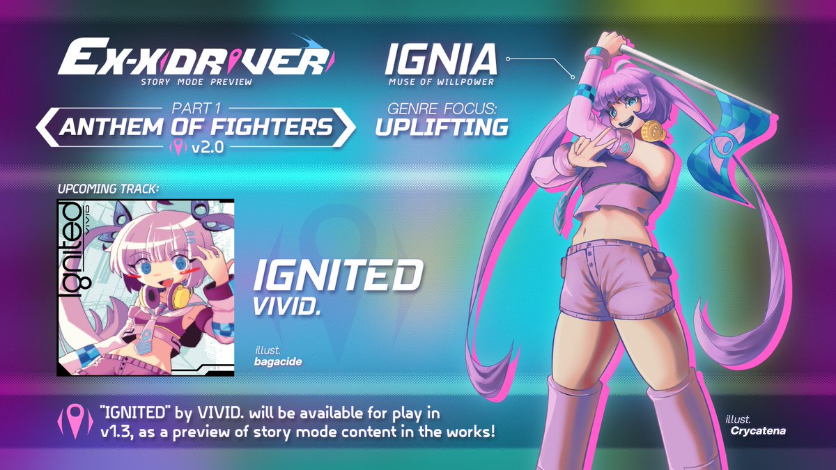 exdrv's tweet image. Coming soon in v1.3:

"Remember?"
Ignia, the Muse of Willpower, makes her debut in the EX-XDRiVER Tournament! 🩷

"IGNITED" by @Vividdd_ is a preview of EX-XDRiVER Story Mode [Part 1]: "Anthem of Fighters." More information will be revealed about Story Mode in the future! ⚡️