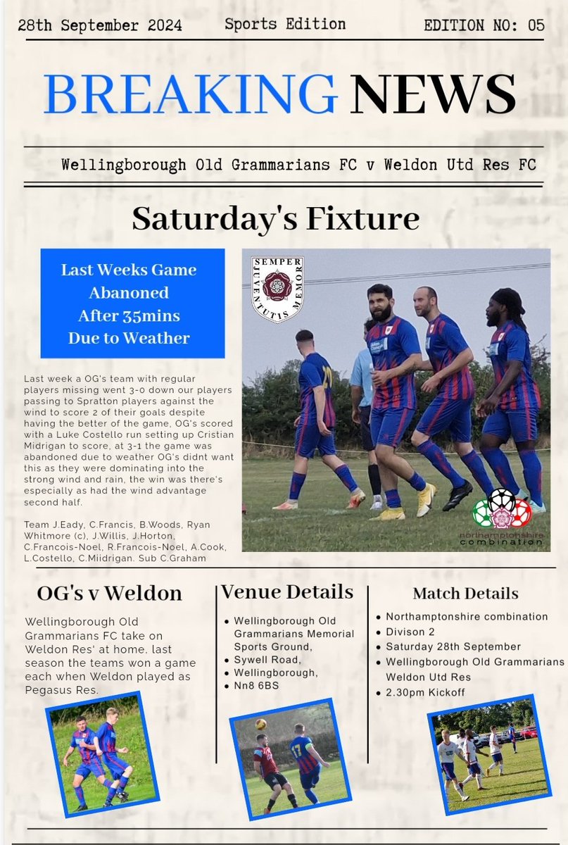 Saturday 28th September

Wellingborough Grammarians v Weldon Res

Wellingborough Old Grammarians Memorial Sports Ground, Sywell Road, Wellingborough, NN8 6BS

2.30pm ko