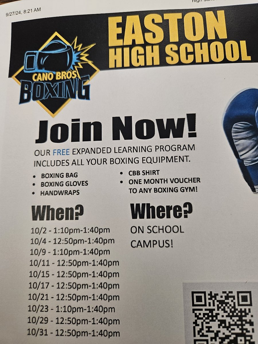 Starting next week Cano Bros Boxing at Easton High! Boxing will be the PE unit for all of October. #Fitness #Discipline #Confidence #LifeSkills #AltEd