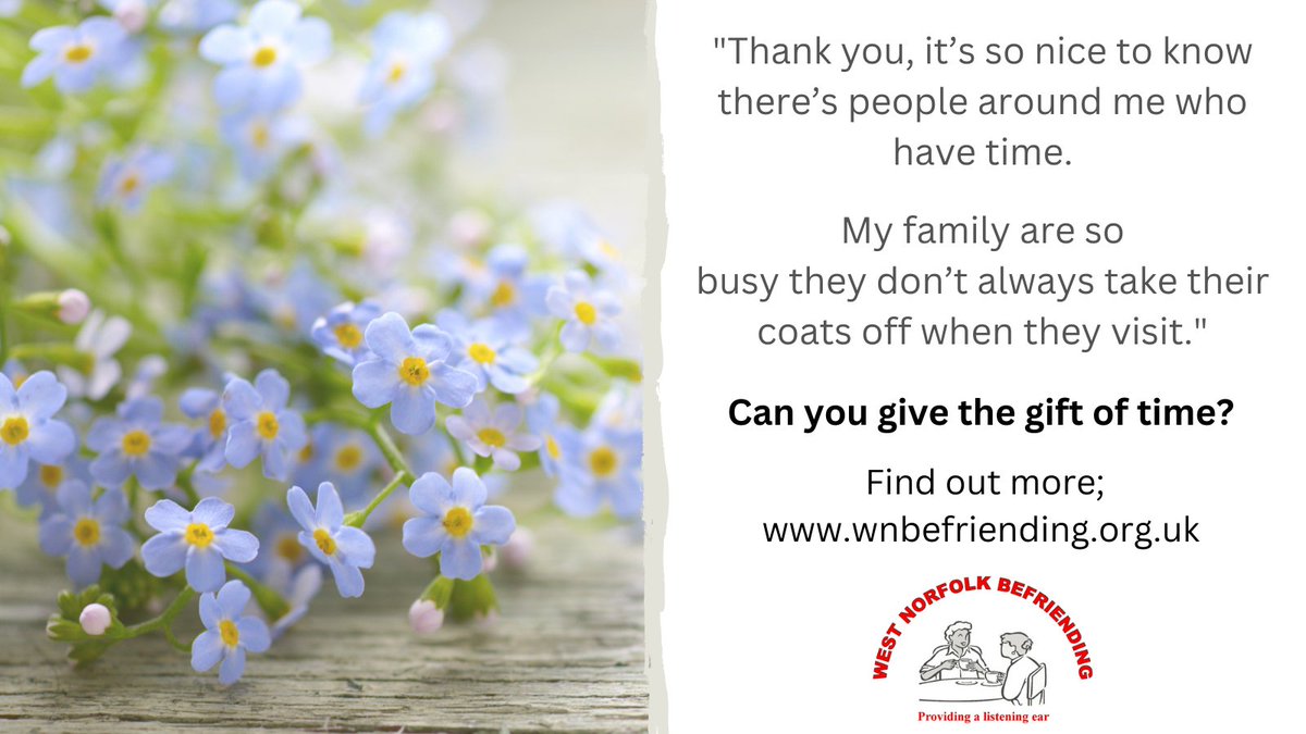 wnbefriending's tweet photo. Can you give the gift of time?💙
Find out more ➡️ https://t.co/F1kRky5rWm
#befriending #volunteering #westnorfolk https://t.co/PTdNxU4cEN