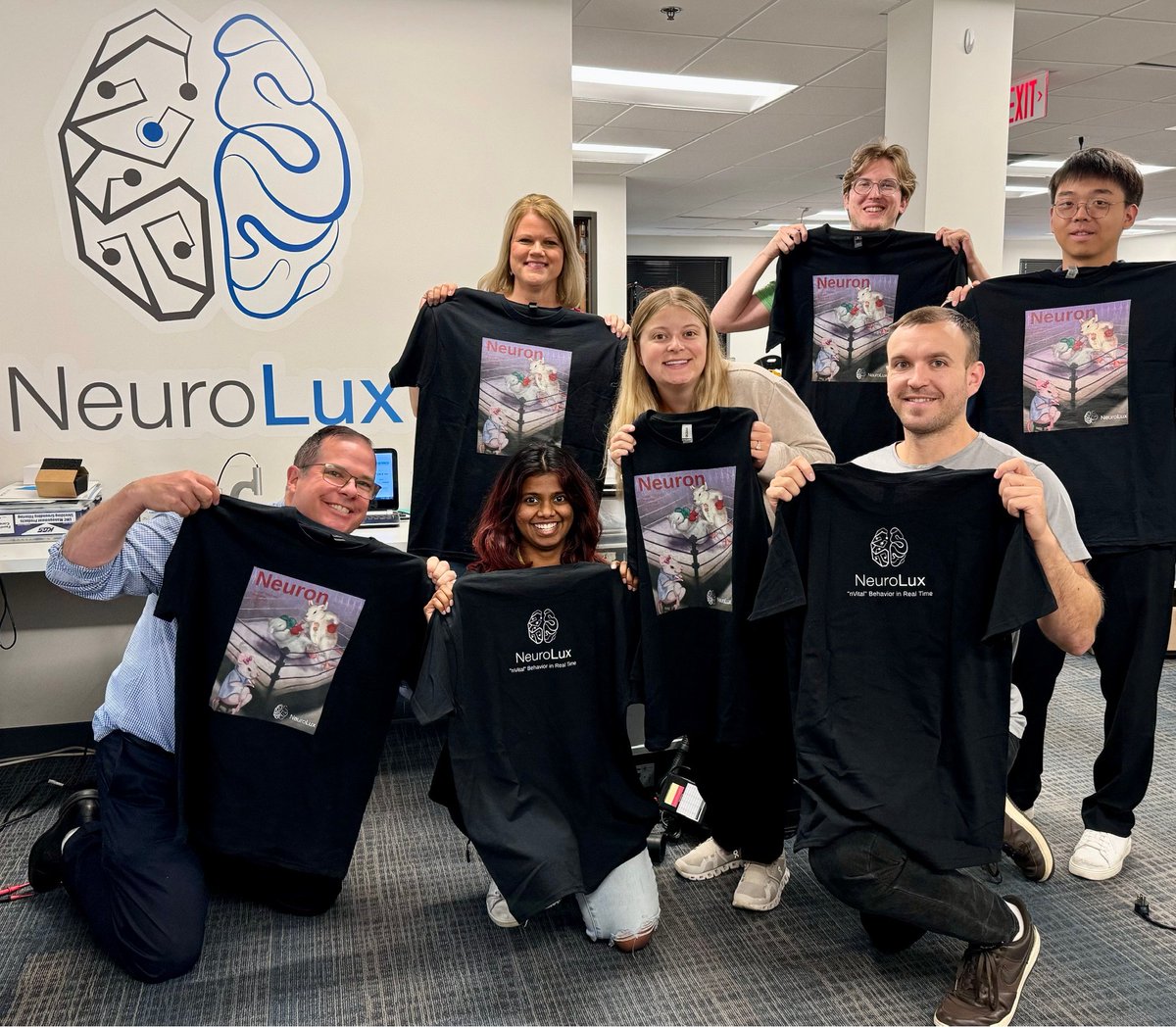 Employees gearing up for SFN Booth #652

with some NeuroLux “Merch” at the NeuroLux Factory!

Come visit us to have a chance at one of these “Fye” 🔥 shirts and more!

<a href="/NU_QSIB/">Querrey Simpson Institute for Bioelectronics</a> <a href="/SfNtweets/">Society for Neuroscience (SfN)</a> <a href="/robgereau/">Rob Gereau</a> @GoldenNeuron <a href="/aTonyBanks/">Tony Banks</a> <a href="/ProfJohnARogers/">John A Rogers</a>