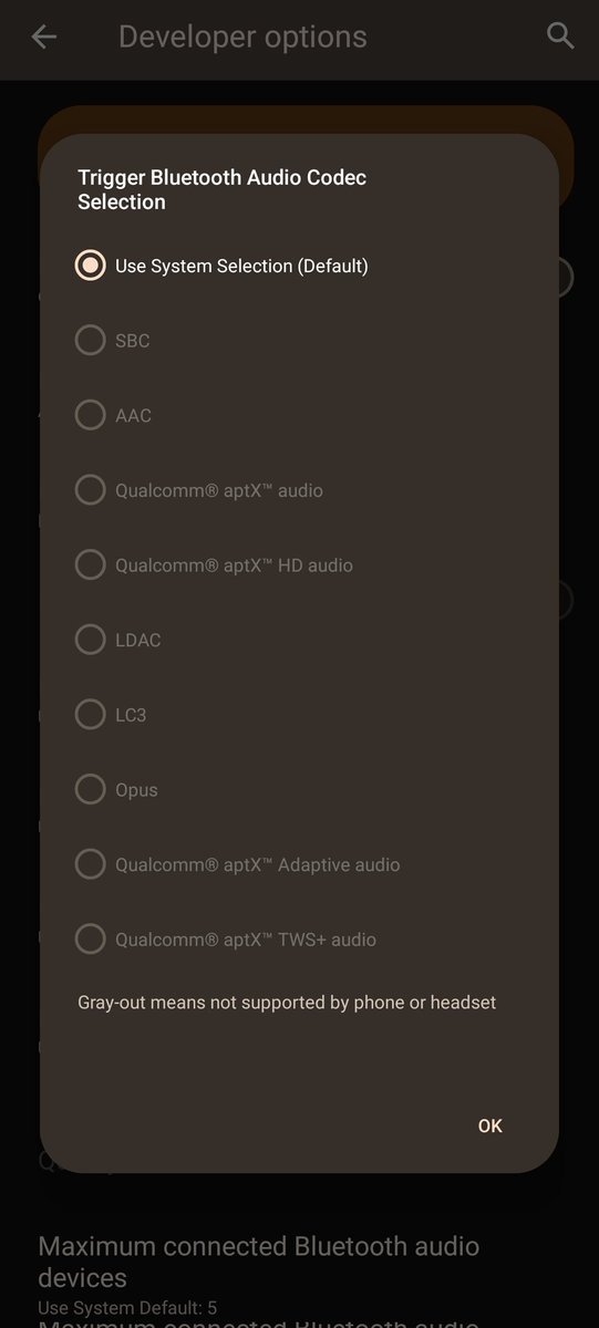 aborne25's tweet image. #AndroidOS 開発者向けオプションのBluetoothオーディオコーデックはA2DP用で、#LEAudio とは無関係です。その表示に関わらずLE Audio接続時は #LC3 が使用されます。
#Xperia5V と #LinkBudsS をLE Audioで接続した場合、システムデフォルト以外グレーアウトしていますが、アプリでLC3が確認できます