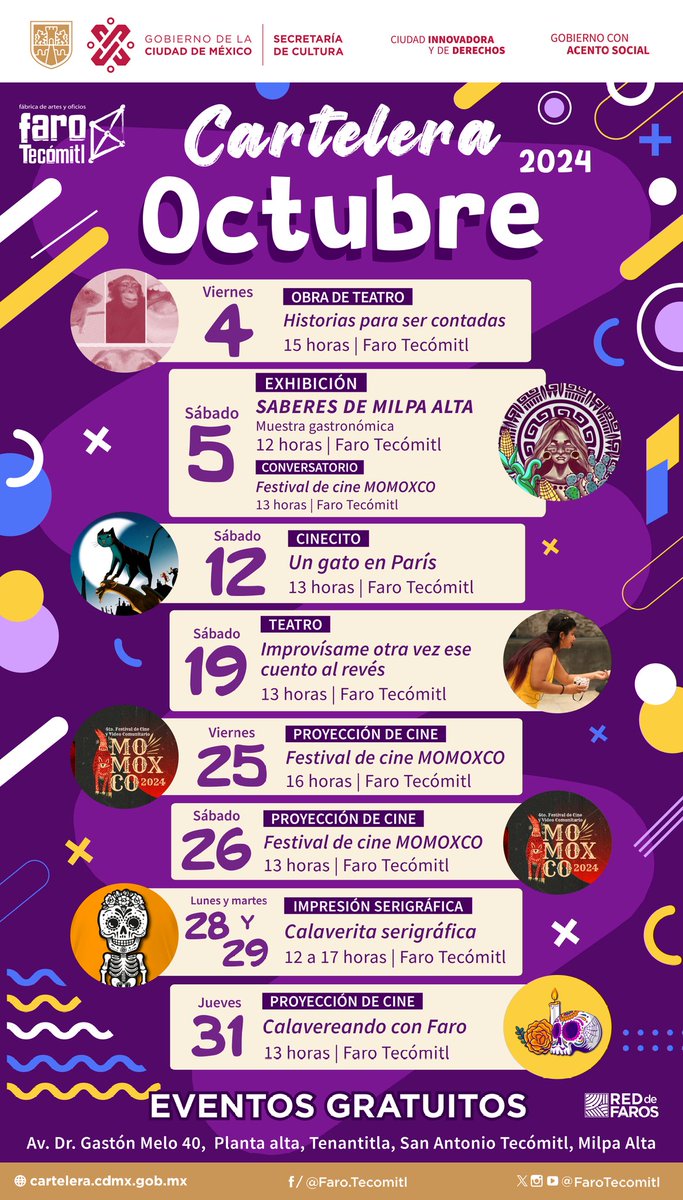 🤩¡Ya está aquí la 𝘾𝘼𝙍𝙏𝙀𝙇𝙀𝙍𝘼 𝘾𝙐𝙇𝙏𝙐𝙍𝘼𝙇 de 𝙤𝙘𝙩𝙪𝙗𝙧𝙚!🍂
No te pierdas los eventos totalmente gratuitos que la FARO Tecómitl tiene para chicos y grandes.😃👇
#CarteleraCultural #octubre2024