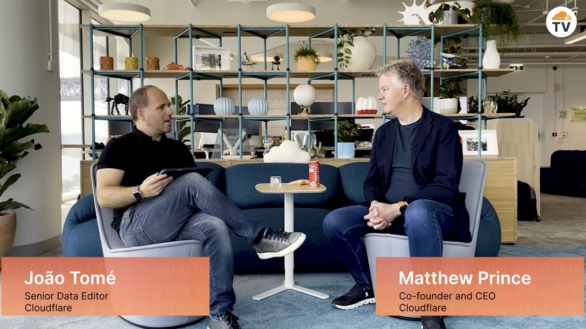 CloudflareTV's tweet image. Get to know @Cloudflare CEO and co-founder Matthew Prince (@EastDakota) on a special #ThisWeekinNET! For the first time, Matthew sits down with Joao Tome (@Emot) in our new Lisbon office to chat about the origins of Birthday Week, AI and content creators, and what building a…
