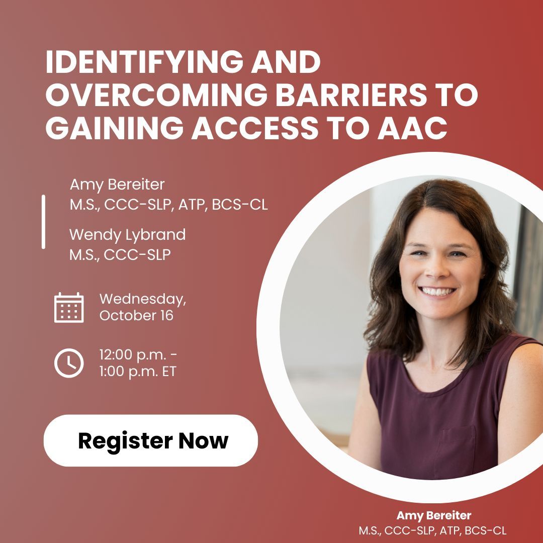Join RESNA's October webinar, "Identifying and Overcoming Barriers to Gaining Access to AAC" with Amy Bereiter, M.S., CCC-SLP, ATP, BCS-CL, and Wendy Lybrand, M.S., CCC-SLP. Gain valuable insights into identifying and overcoming barriers to #AT tools.  buff.ly/4eAYD4t