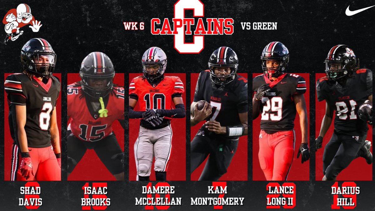 Dear McKinley faithful, we would like to introduce you to your week six captains. Come out and support them and the bulldogs as we hit the road tonight to battle against The Green Bulldogs, 

#7pm #GreenMemorialStadium 

Sincerely,

#TheBelts