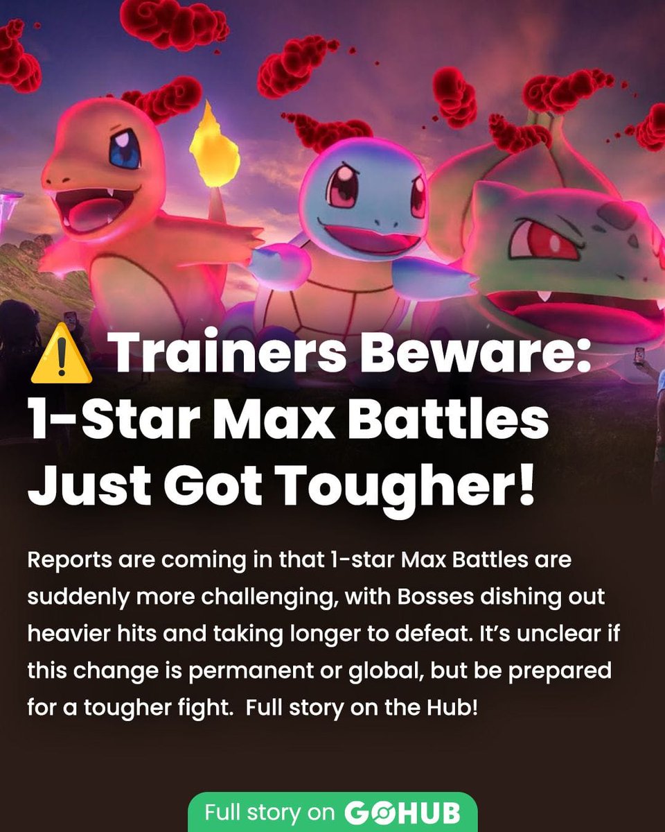 ⚠️ Trainers Beware: 1-Star Max Battles Just Got Tougher! ⚠️

 Full story 👉  pokemongohub.net/post/news/look… 

Reports are coming in that 1-star Max Battles are suddenly more challenging, with Bosses dishing out heavier hits and taking longer to defeat 

#PokemonGO #Pokemon